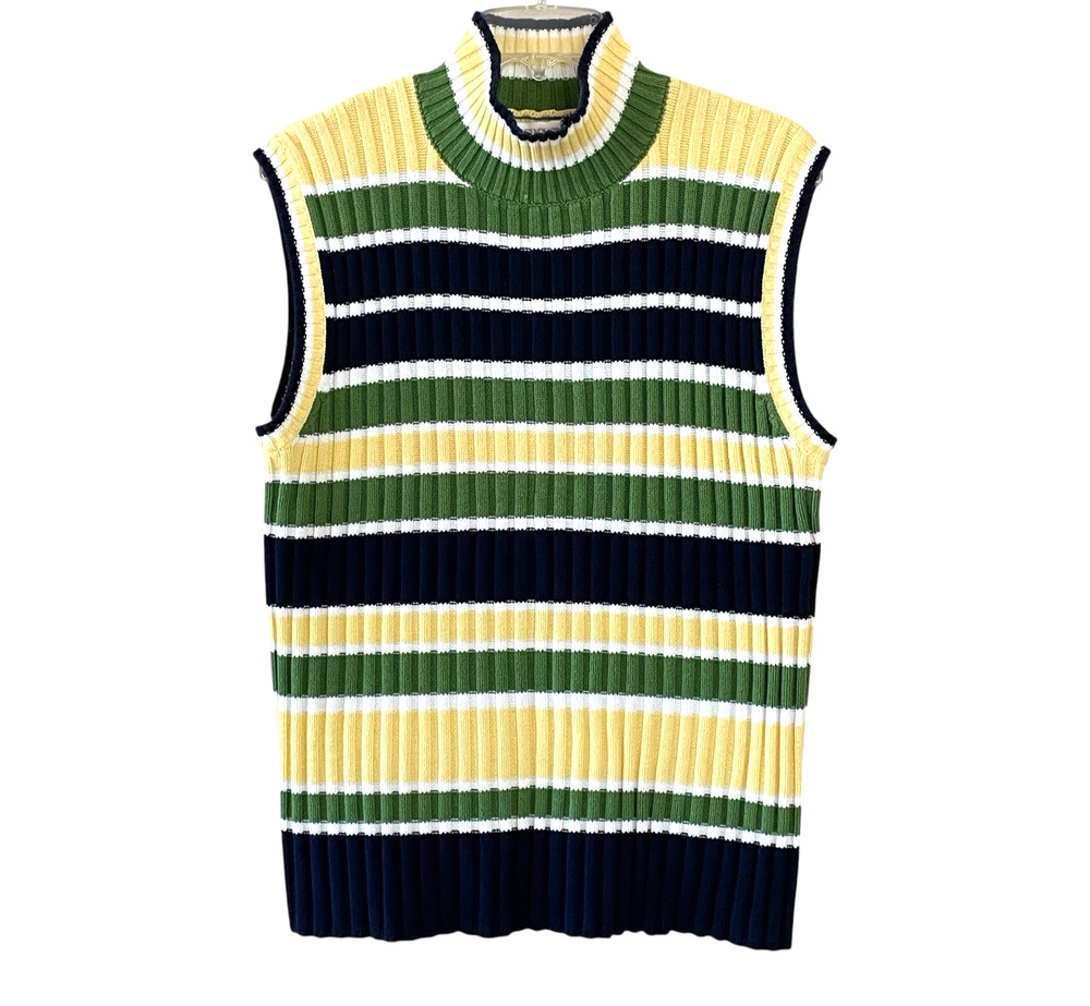 VTG 90s JONES NEW YORK SPORT Striped Sleeveless Mock Neck Ribbed Knit Sweater XL